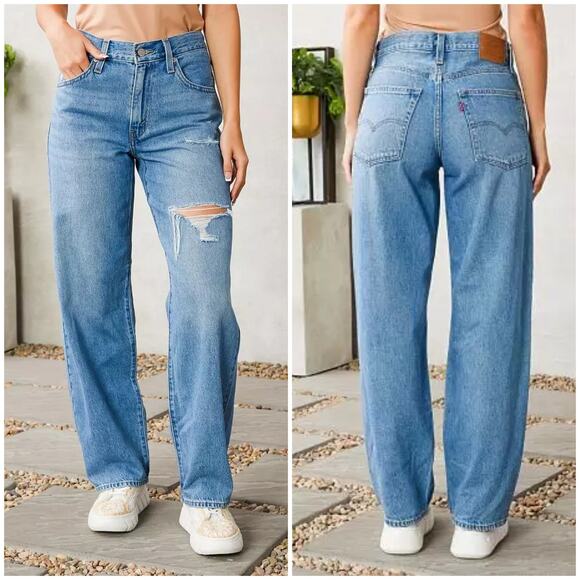 Levi's Baggy Dad Jeans Size 27 Color-In The Middle Blue Wash Loose Destructed - Picture 1 of 8